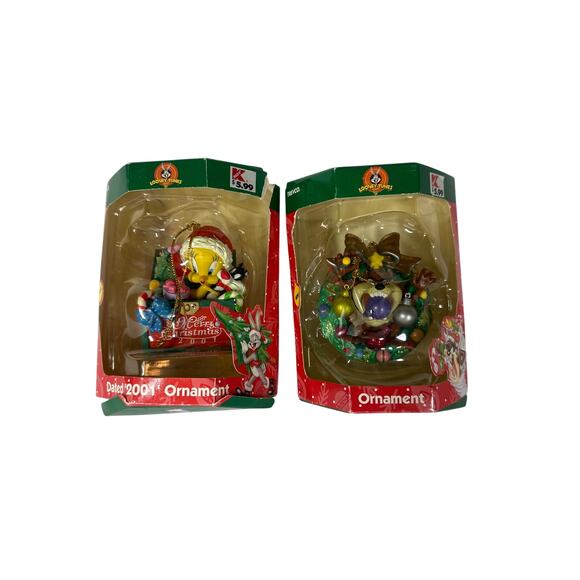 Looney Tunes Christmas Ornaments Lot of 2 Trevco Tweety Tasmanian Devil 2001 - Picture 1 of 8